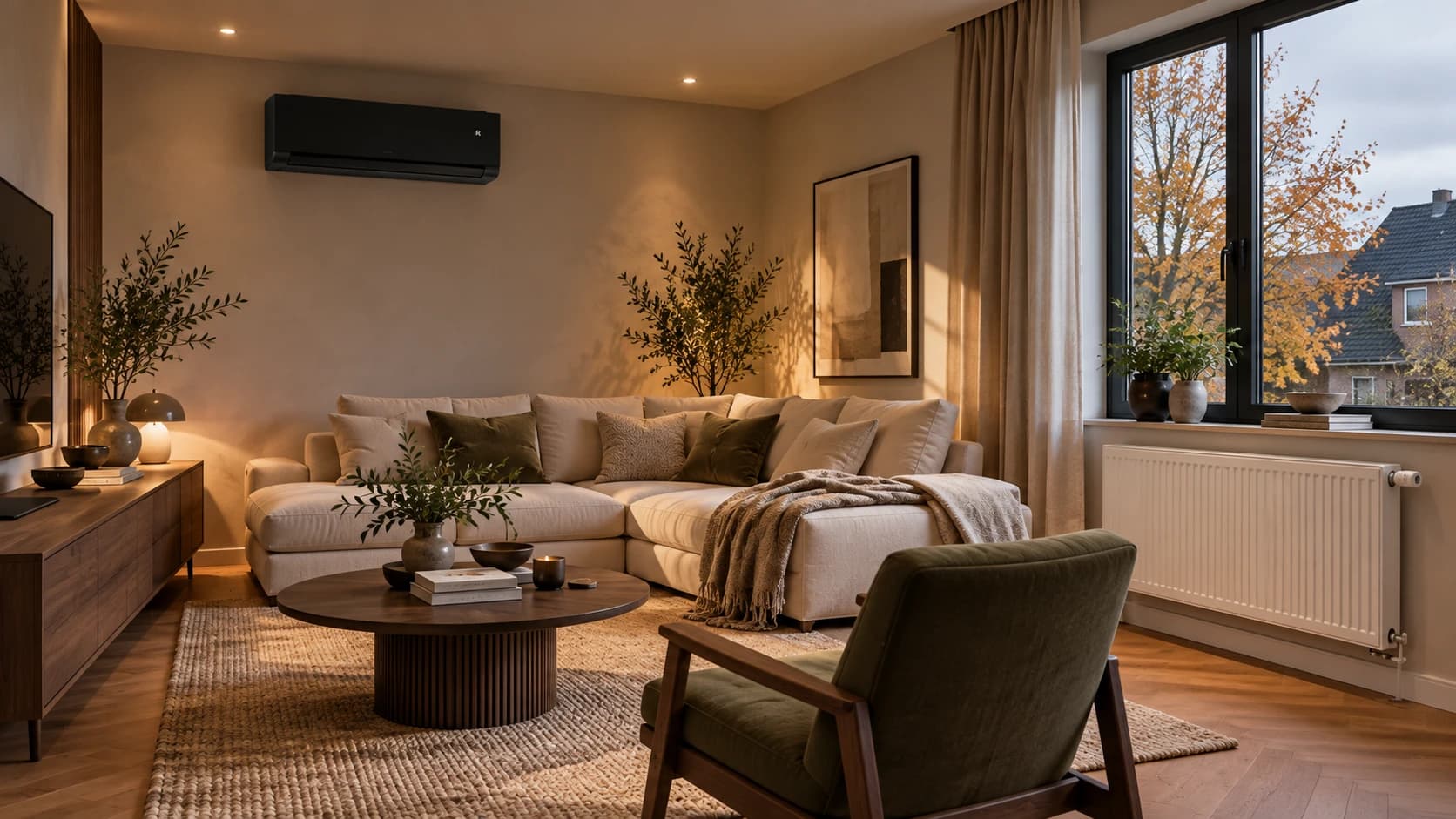 Woonkamer met een zwarte airco en cv-radiator voor de vergelijking van verwarmingskosten.