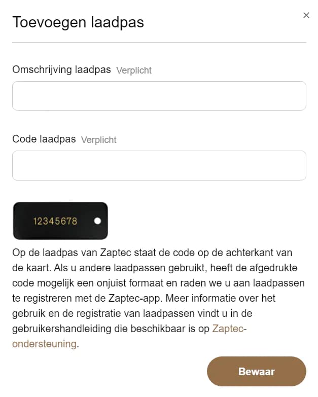 Zaptec Portal laadkaart toevoegen